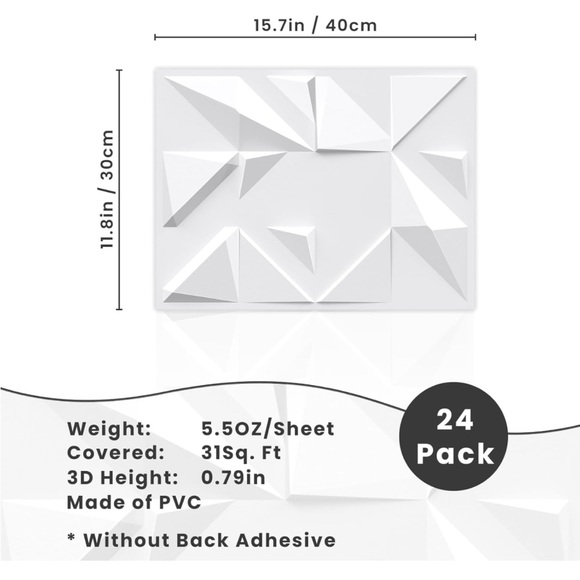 24Pk 3D PVC WaterproofGeometricTextured Interior Decor Wall Tiles 15.7" x 11.8" - Picture 6 of 8